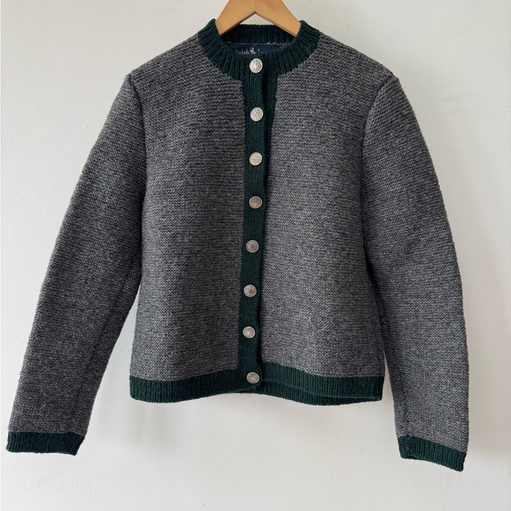 Ralph Lauren Vintage Wool Cardigan with Green trim, blue label, Small, hand knit